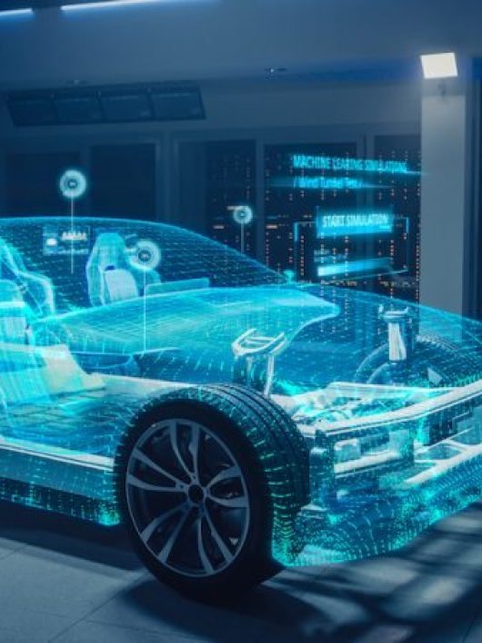 Automotive Engineer Using Digital Tablet Computer with Augmented Reality 3D Software for 3D Car Model Design Analysis and Improvement. Futuristic Facility: Virtual Design with Mixed Technology.