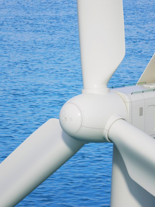 Industrial wind turbine close up in sea. 3d render