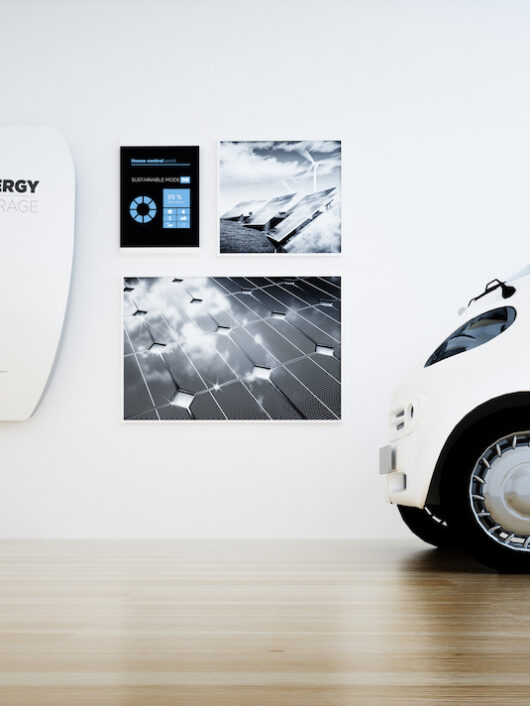 Central home energy storage battery unit with digital control panel and a car. 3D rendering.